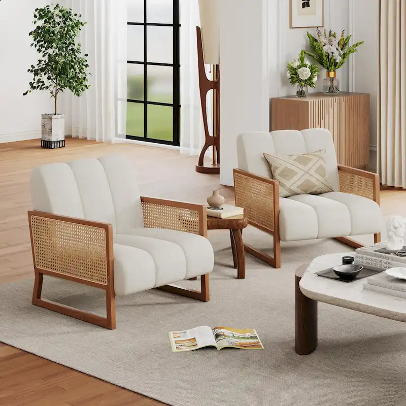 Rattan Accent Chairs, Upholstered Natural Rattan Chair Mid Century Modern Linen Armchair Side Chairs for Living Room Bedroom
