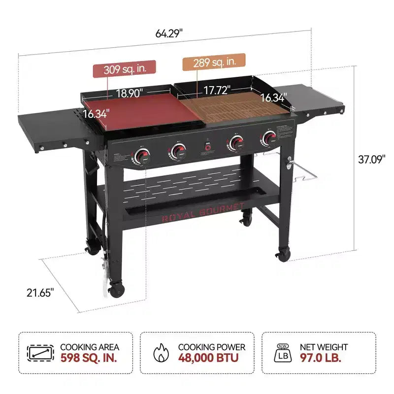 Royal Gourmet 4-Burner Propane Grill & Griddle 48000 BTU Combo Grill GD405ATG Black