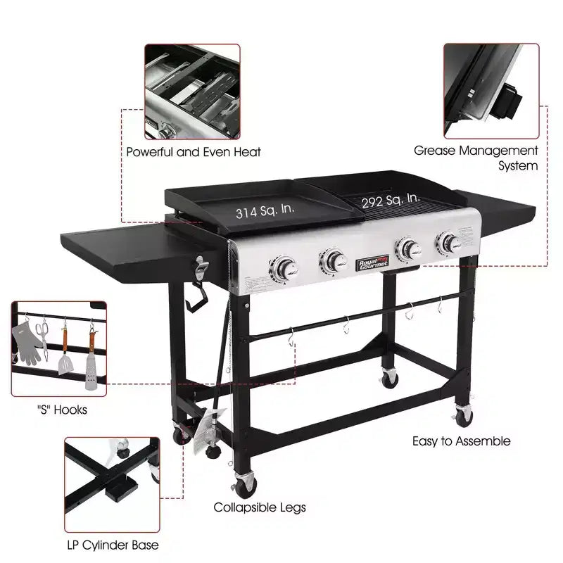 Royal Gourmet Gril combo portable à dessus plat 4 brûleurs 48000 BTU GD401TG Noir