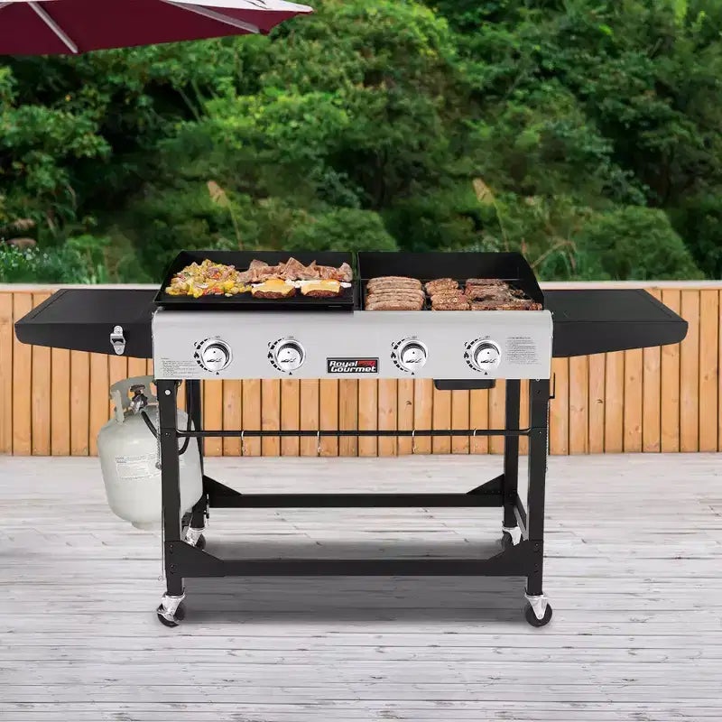 Royal Gourmet 4-Burner 48000 BTU Iron Portable Flat Top Gas Combination Grill GD401CTG Black