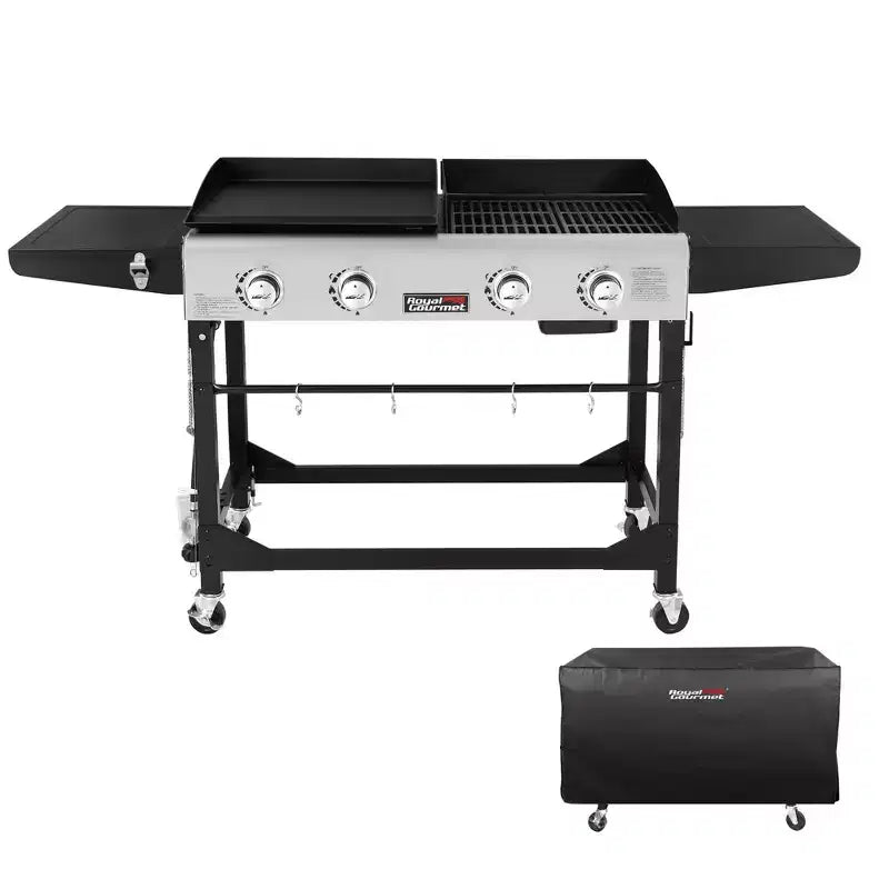Royal Gourmet 4-Burner 48000 BTU Iron Portable Flat Top Gas Combination Grill GD401CTG Black