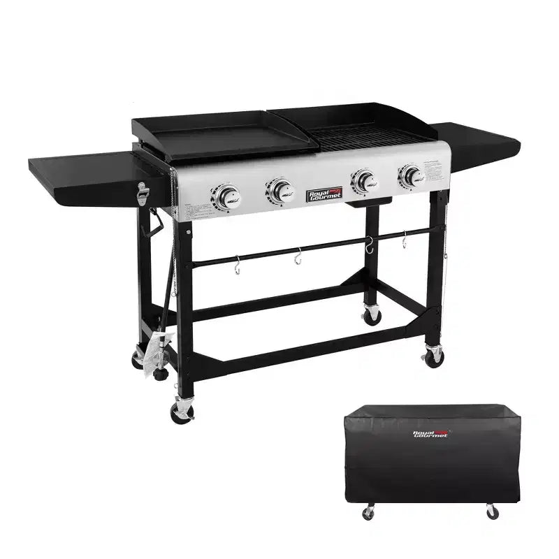 Royal Gourmet 4-Burner 48000 BTU Iron Portable Flat Top Gas Combination Grill GD401CTG Black