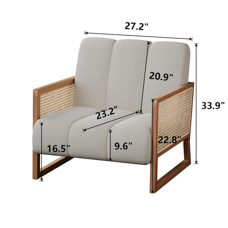 Rattan Accent Chairs, Upholstered Natural Rattan Chair Mid Century Modern Linen Armchair Side Chairs for Living Room Bedroom