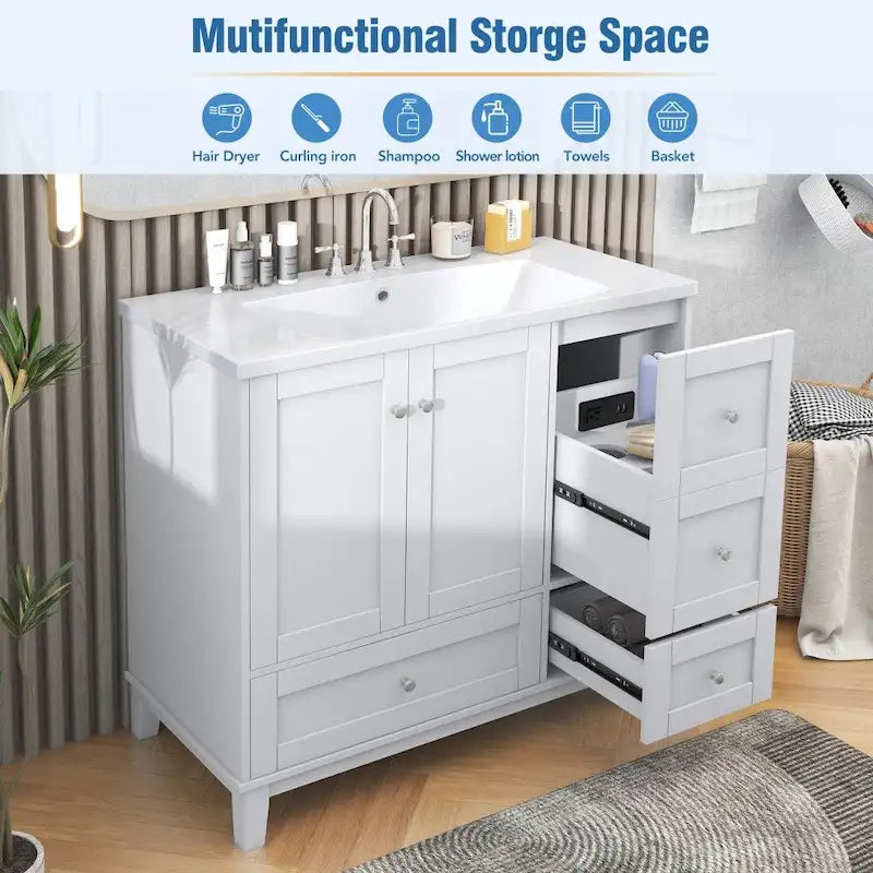 36 Inch Bathroom Vanity with USB Charging, Resin Sink, Solid Wood Frame, 3 Drawers Storage