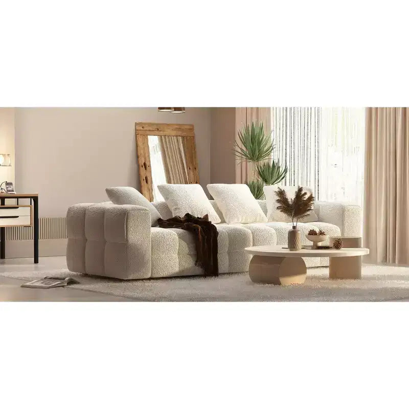 Canapé moderne 4 places Famapy 100.8W en velours blanc Teddy avec piètement en bois massif