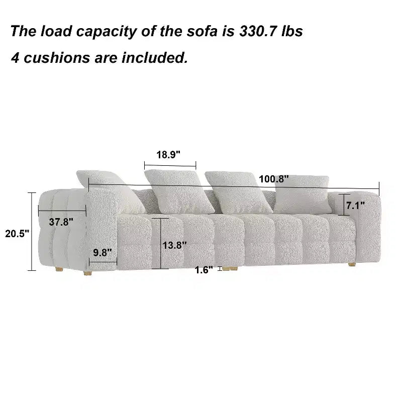 Canapé moderne 4 places Famapy 100.8W en velours blanc Teddy avec piètement en bois massif