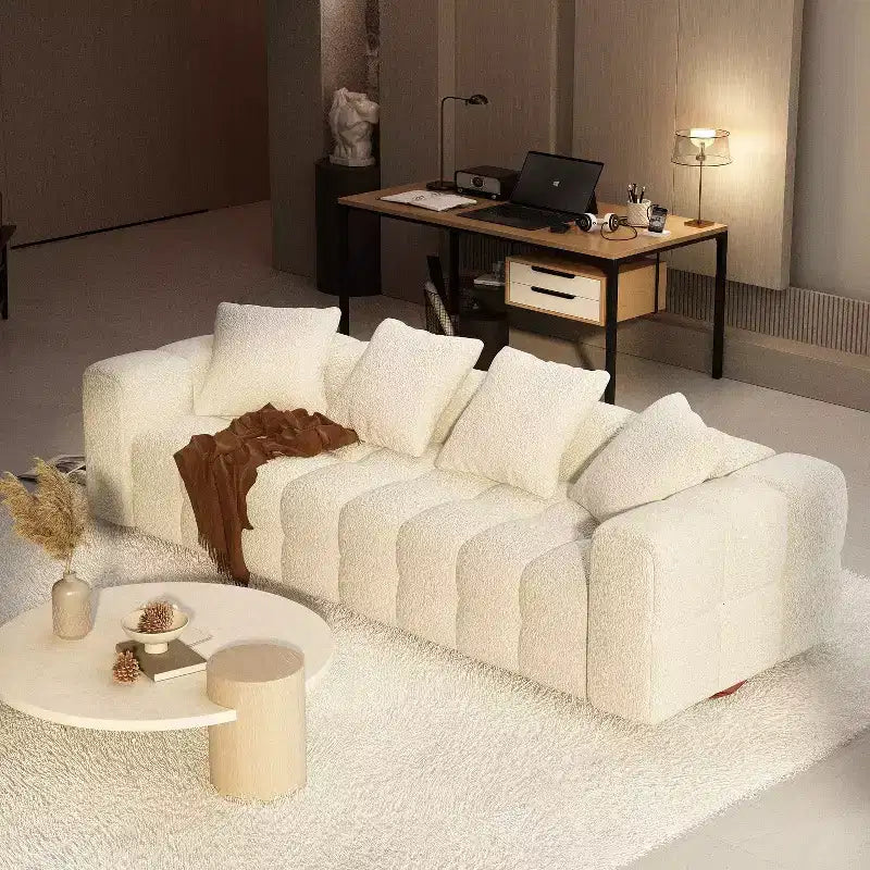 Canapé moderne 4 places Famapy 100.8W en velours blanc Teddy avec piètement en bois massif