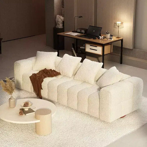 100.8W Famapy Modern 4-Seat White Teddy Velvet Sofa with Solid Wood Base