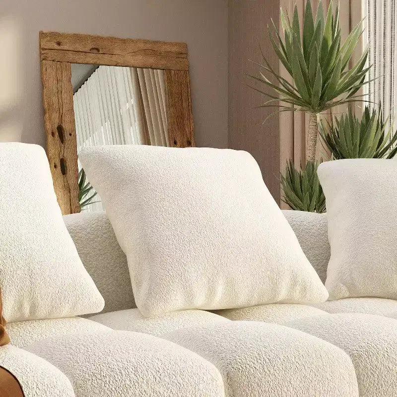 Canapé moderne 4 places Famapy 100.8W en velours blanc Teddy avec piètement en bois massif