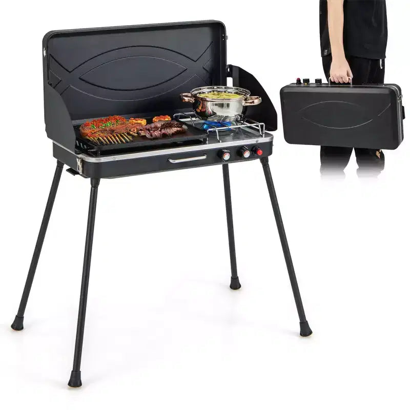 Costway 2-in-1 Propane Grill 2 Burner Camping Gas Stove Portable with Removable Leg Black
