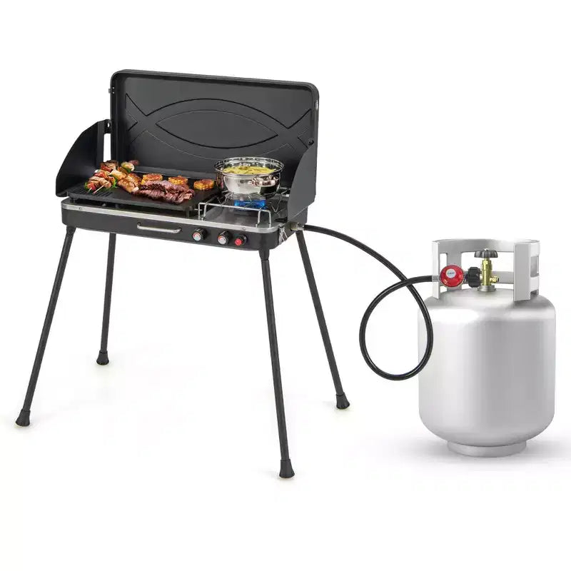 Costway Barbecue à gaz propane 2 en 1 avec 2 brûleurs, réchaud de camping portable avec pieds amovibles, Noir