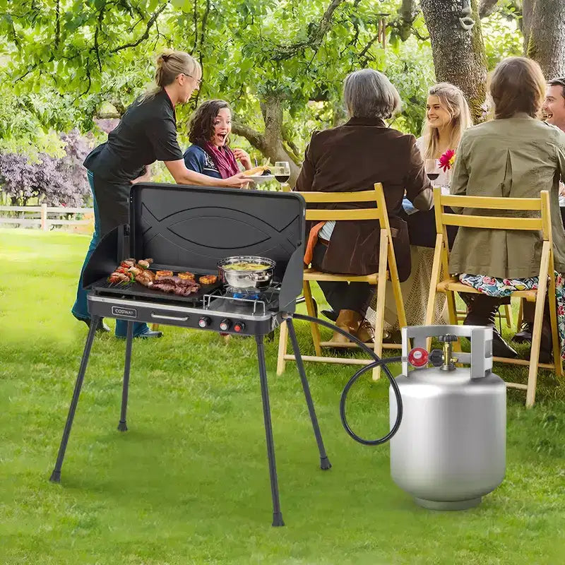 Costway Barbecue à gaz propane 2 en 1 avec 2 brûleurs, réchaud de camping portable avec pieds amovibles, Noir