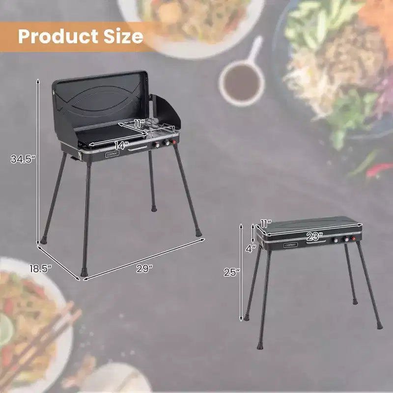 Costway Barbecue à gaz propane 2 en 1 avec 2 brûleurs, réchaud de camping portable avec pieds amovibles, Noir