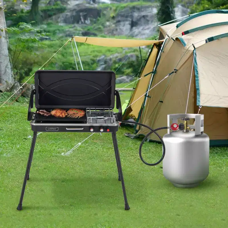 Costway Barbecue à gaz propane 2 en 1 avec 2 brûleurs, réchaud de camping portable avec pieds amovibles, Noir