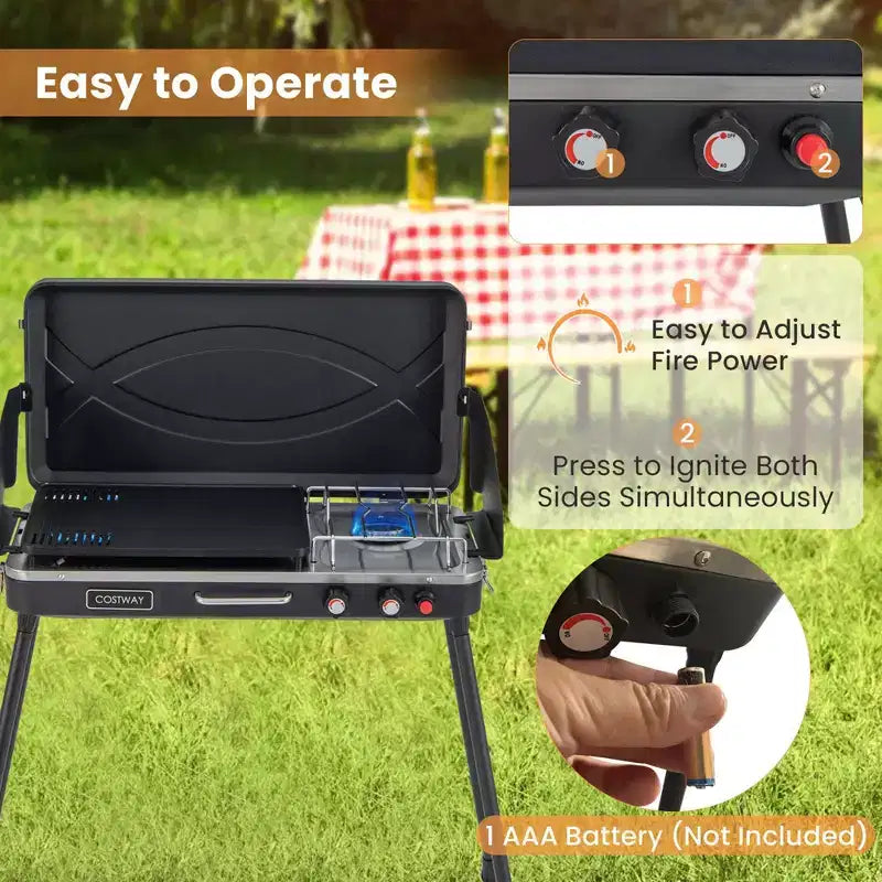 Costway Barbecue à gaz propane 2 en 1 avec 2 brûleurs, réchaud de camping portable avec pieds amovibles, Noir