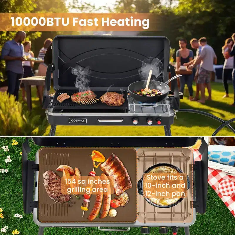 Costway Barbecue à gaz propane 2 en 1 avec 2 brûleurs, réchaud de camping portable avec pieds amovibles, Noir