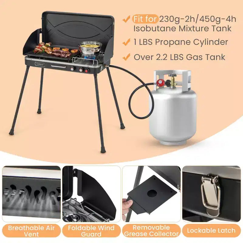 Costway Barbecue à gaz propane 2 en 1 avec 2 brûleurs, réchaud de camping portable avec pieds amovibles, Noir