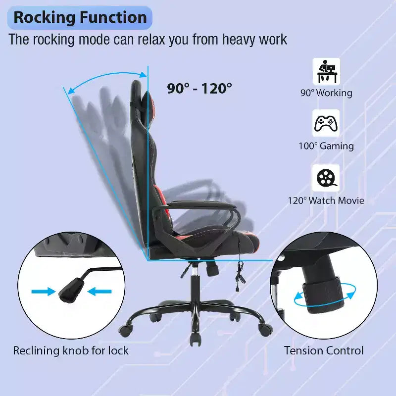 Chaise de jeu FDW Gaming Chaise de bureau massante confortable et élégante avec soutien lombaire réglable, pivotante à 360 degrés et roulettes silencieuses
