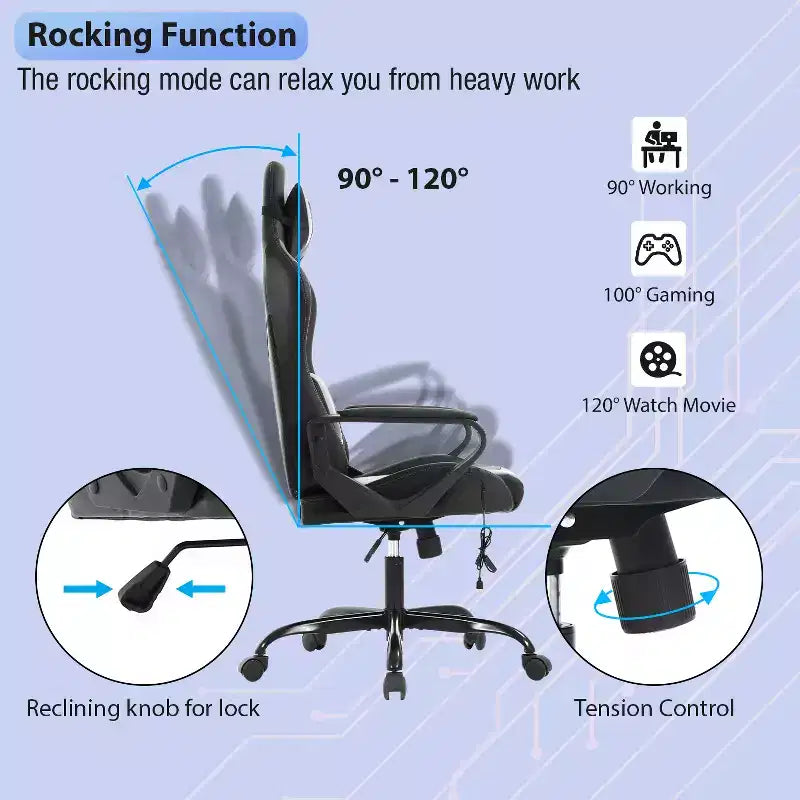 Chaise de jeu FDW Gaming Chaise de bureau massante confortable et élégante avec soutien lombaire réglable, pivotante à 360 degrés et roulettes silencieuses