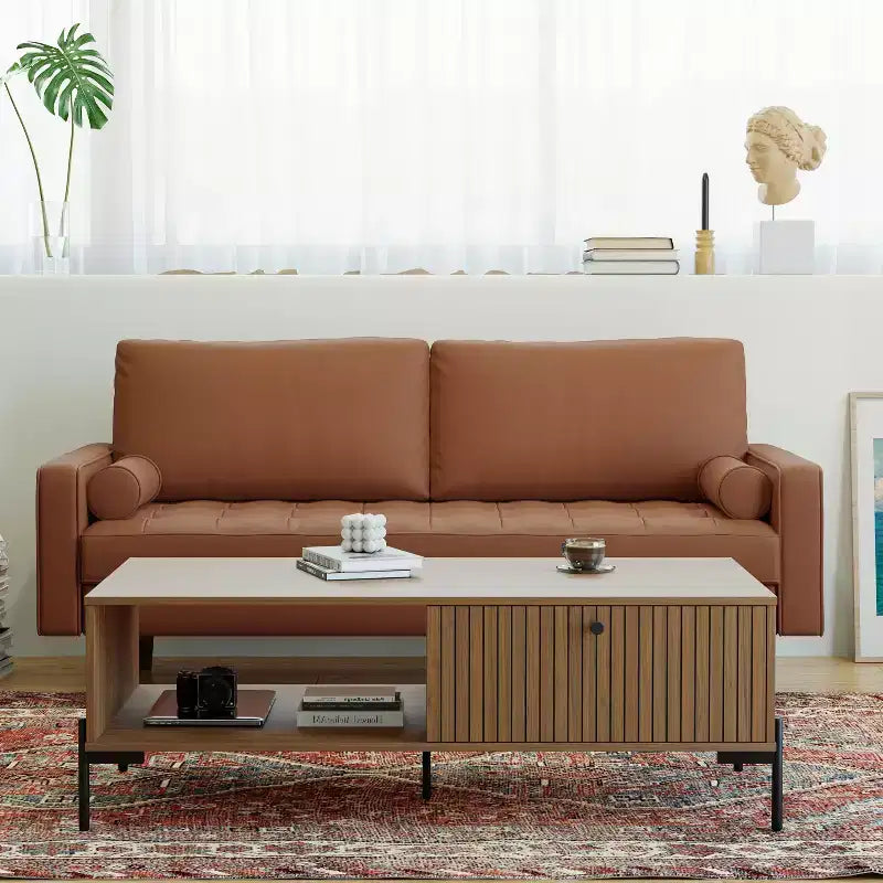 Tree City- 70 Faux Leather Loveseat Sofa, Mid-Century Modern 3-Seater Couch for Small Spaces, Apartment Living Room