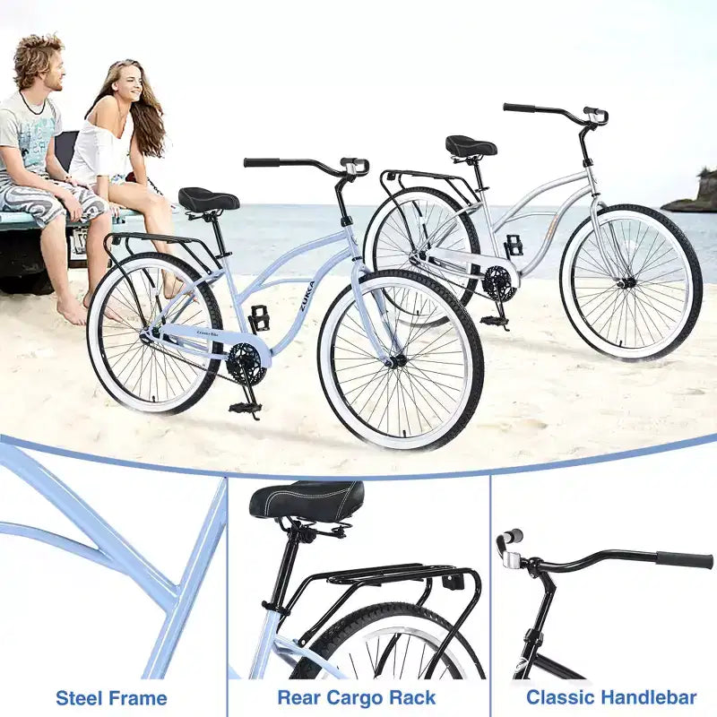 Steel Single Speed Bike 26 Inches, Steel Frame, Wide Wheels For Stability, Rear Pedal Brake, Multiple Colors Men'S Women'S Beach Cruiser Bike