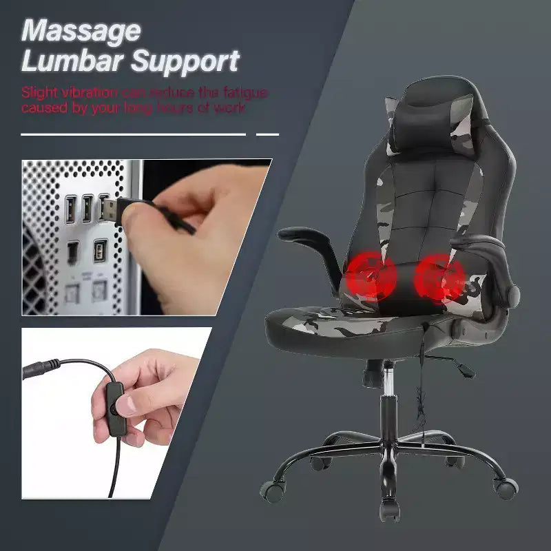 Chaise de jeu BestMassage, chaise de bureau avec support lombaire, revêtement en similicuir et base pivotante à roulettes pour le jeu sur PC et l'utilisation exécutive