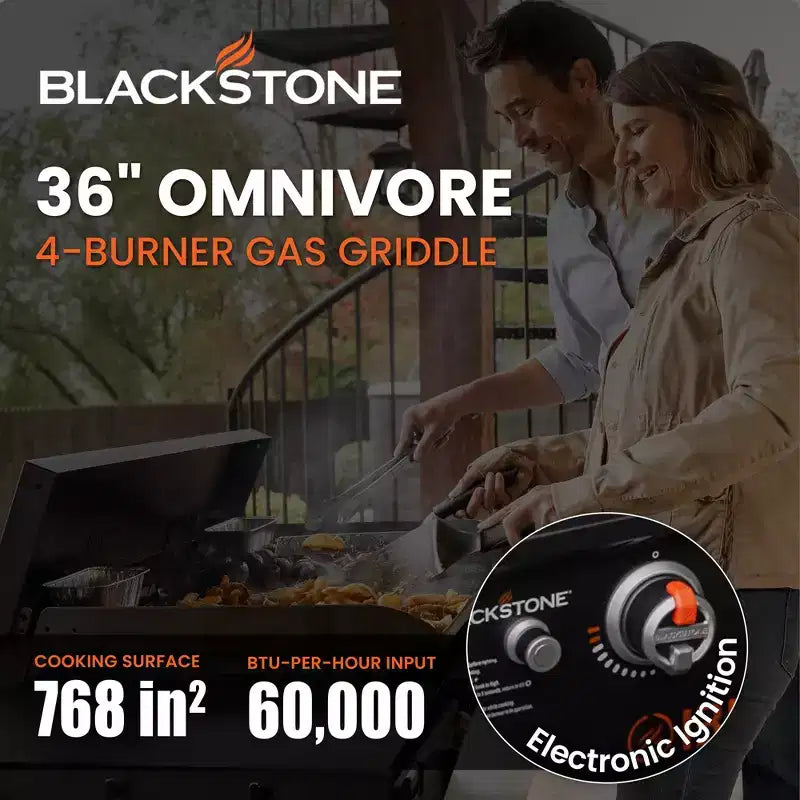 Plancha Blackstone 36 po Omnivore au propane, 4 brûleurs, barbecue d'extérieur, acier thermolaqué, surface de cuisson de 768 po², noir