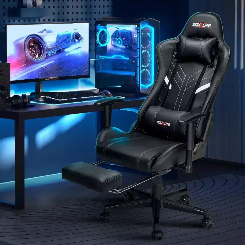 Douxlife Modern 7-Point Massage Ergonomic Gaming Chair with Footrest & Adjustable Armrests Black