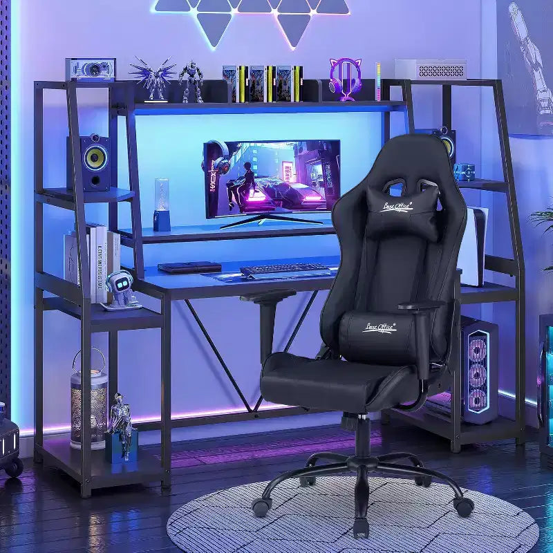 Chaise de jeu BestMassage, chaise de bureau avec support lombaire, appui-tête, accoudoirs et roulettes pivotantes pour joueurs de PC