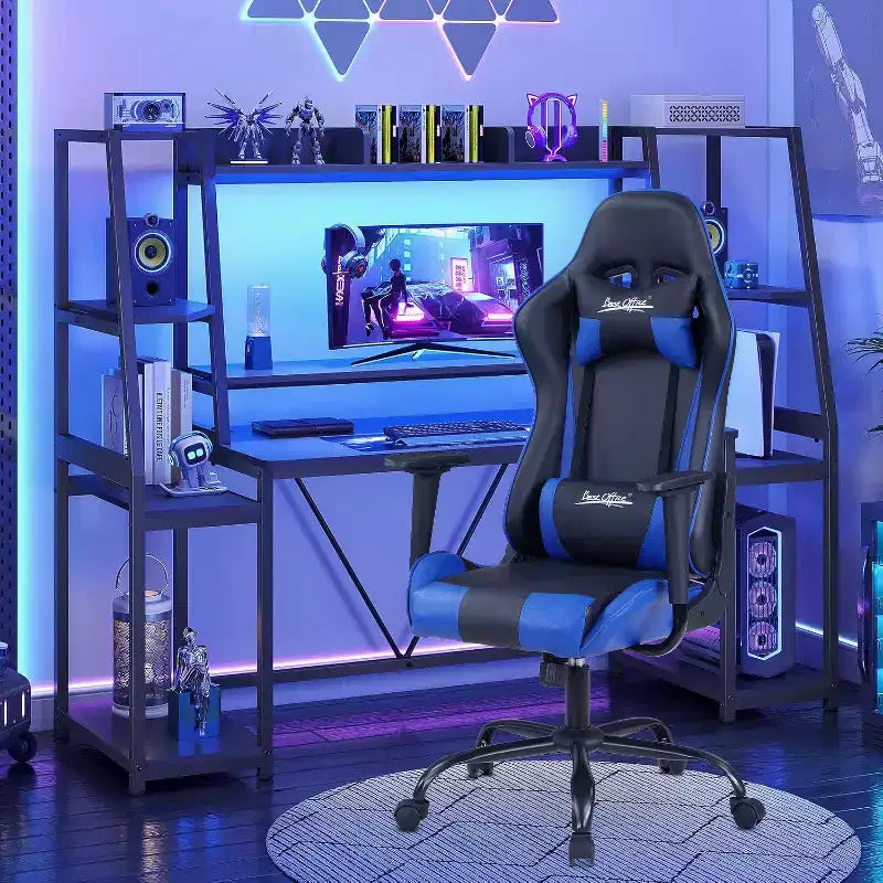 Chaise de jeu BestMassage, chaise de bureau avec support lombaire, appui-tête, accoudoirs et roulettes pivotantes pour joueurs de PC