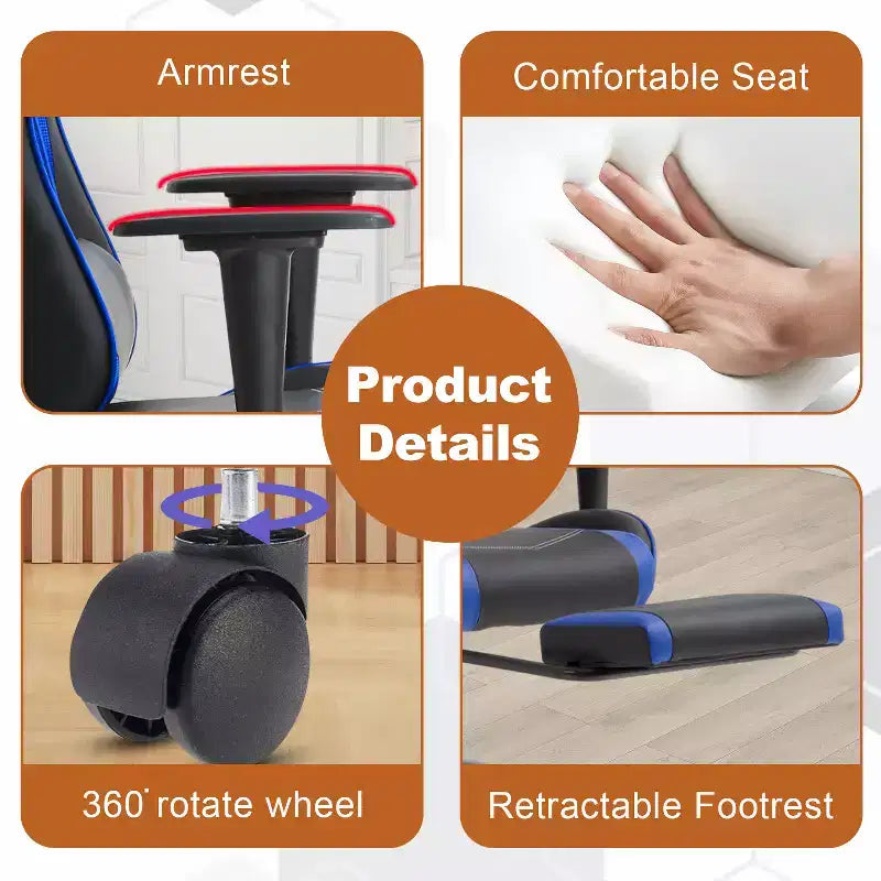 BestMassage Fauteuil de bureau gamer Racing avec fonction massage, soutien lombaire, en cuir PU pour adulte