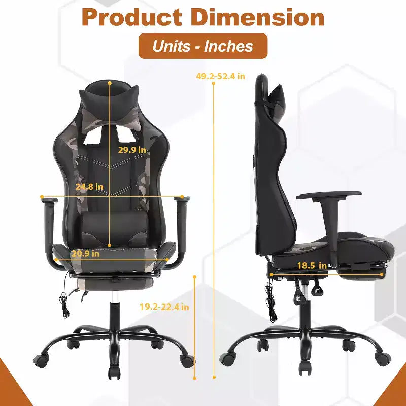 BestMassage Fauteuil de bureau gamer Racing avec fonction massage, soutien lombaire, en cuir PU pour adulte
