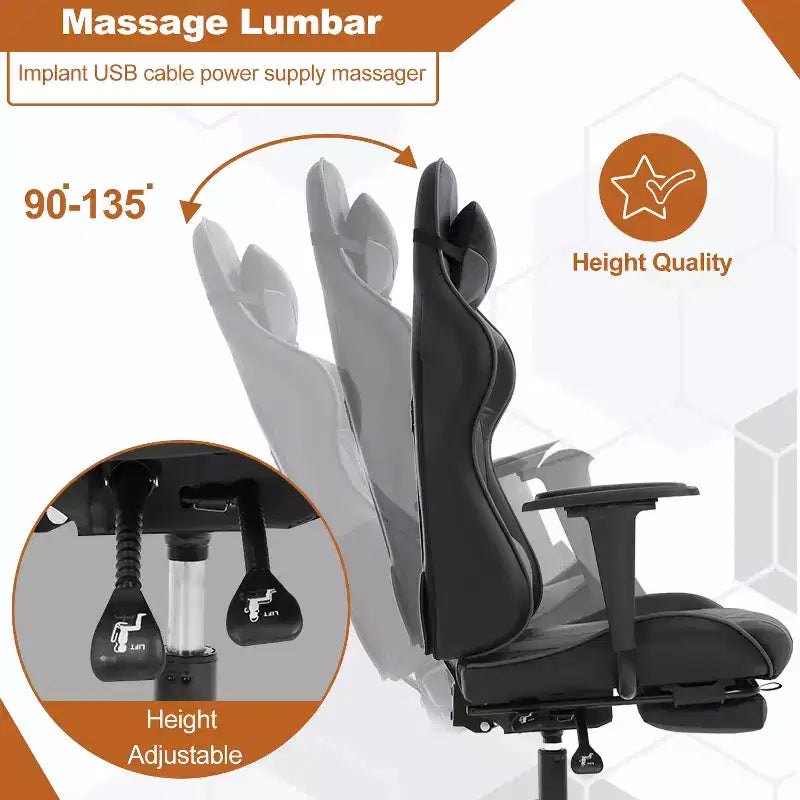 BestMassage Fauteuil de bureau gamer Racing avec fonction massage, soutien lombaire, en cuir PU pour adulte