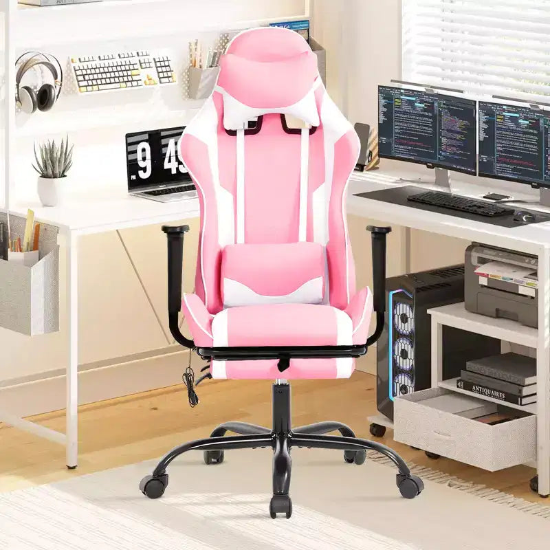BestMassage Fauteuil de bureau gamer Racing avec fonction massage, soutien lombaire, en cuir PU pour adulte