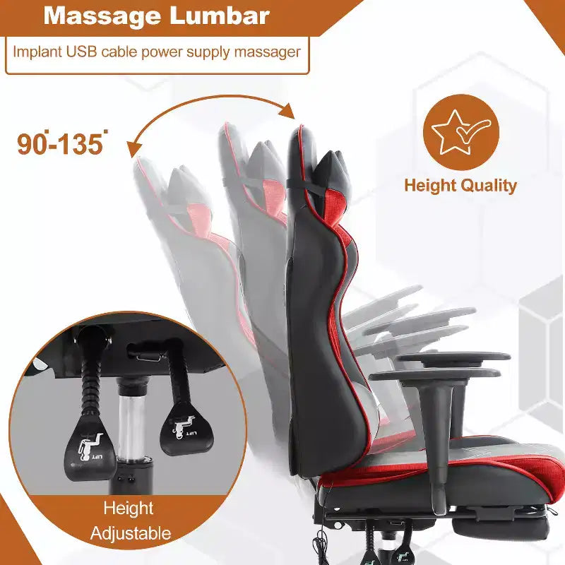 BestMassage Fauteuil de bureau gamer Racing avec fonction massage, soutien lombaire, en cuir PU pour adulte