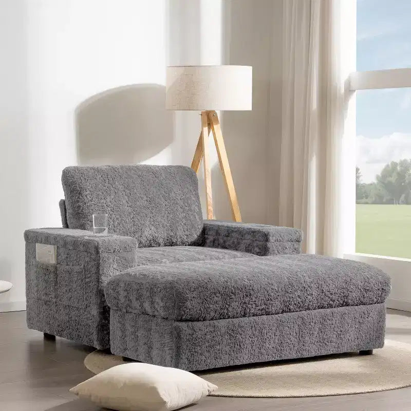 Indoor Oversized Chaise Lounge: Faux Rabbit Fur Sofa Bed with Storage, Armrests, Cup Holders - Perfect Reading Couch for Living Room or Bedroom