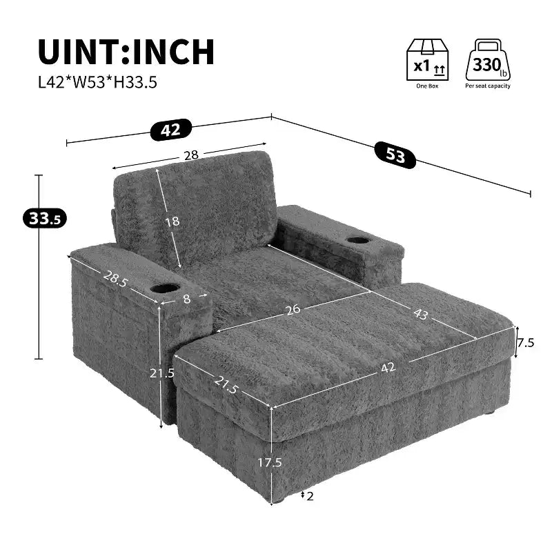 Indoor Oversized Chaise Lounge: Faux Rabbit Fur Sofa Bed with Storage, Armrests, Cup Holders - Perfect Reading Couch for Living Room or Bedroom
