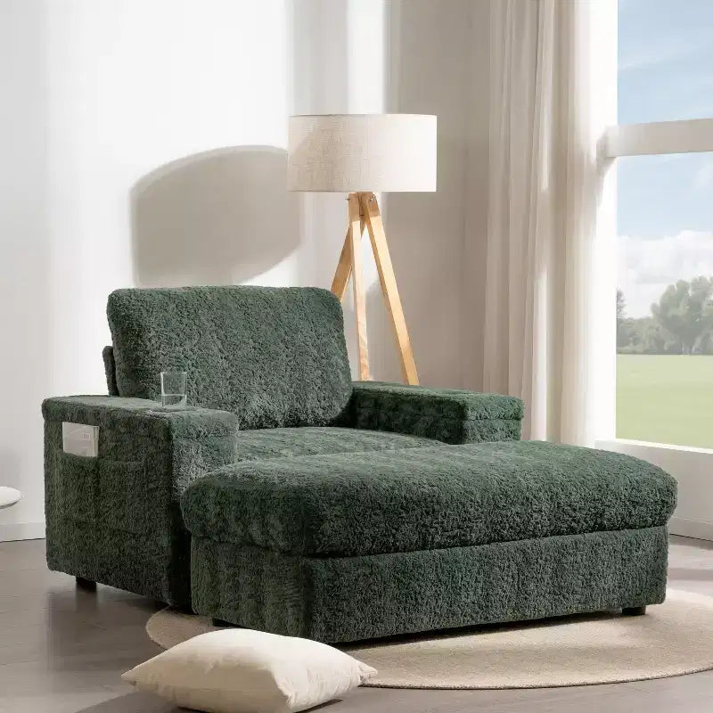 Indoor Oversized Chaise Lounge: Faux Rabbit Fur Sofa Bed with Storage, Armrests, Cup Holders - Perfect Reading Couch for Living Room or Bedroom