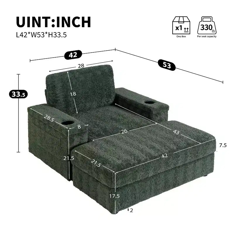 Indoor Oversized Chaise Lounge: Faux Rabbit Fur Sofa Bed with Storage, Armrests, Cup Holders - Perfect Reading Couch for Living Room or Bedroom