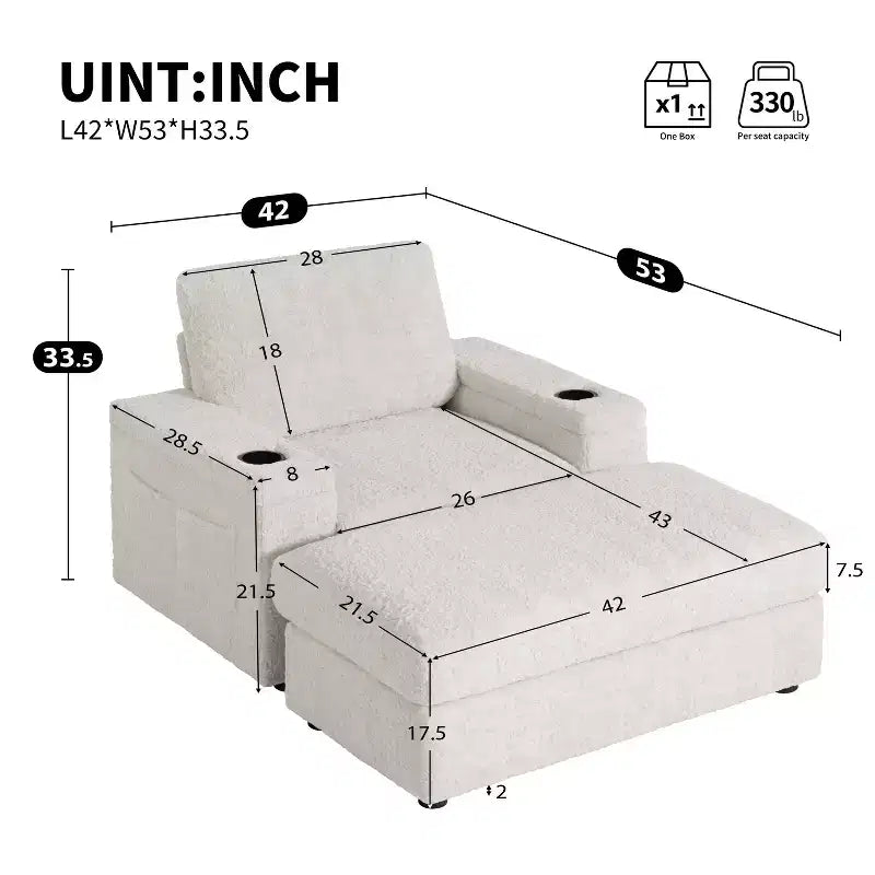 Indoor Oversized Chaise Lounge: Faux Rabbit Fur Sofa Bed with Storage, Armrests, Cup Holders - Perfect Reading Couch for Living Room or Bedroom