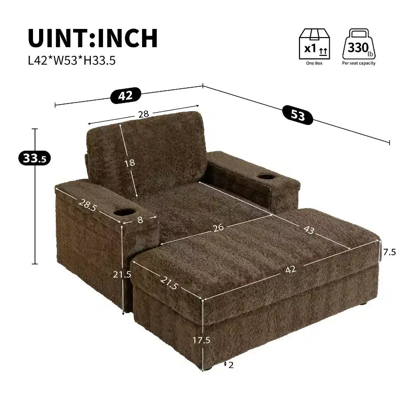 Indoor Oversized Chaise Lounge: Faux Rabbit Fur Sofa Bed with Storage, Armrests, Cup Holders - Perfect Reading Couch for Living Room or Bedroom