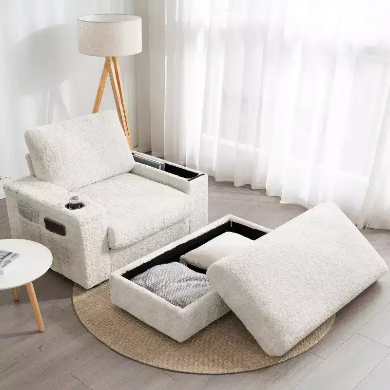 Indoor Oversized Chaise Lounge: Faux Rabbit Fur Sofa Bed with Storage, Armrests, Cup Holders - Perfect Reading Couch for Living Room or Bedroom