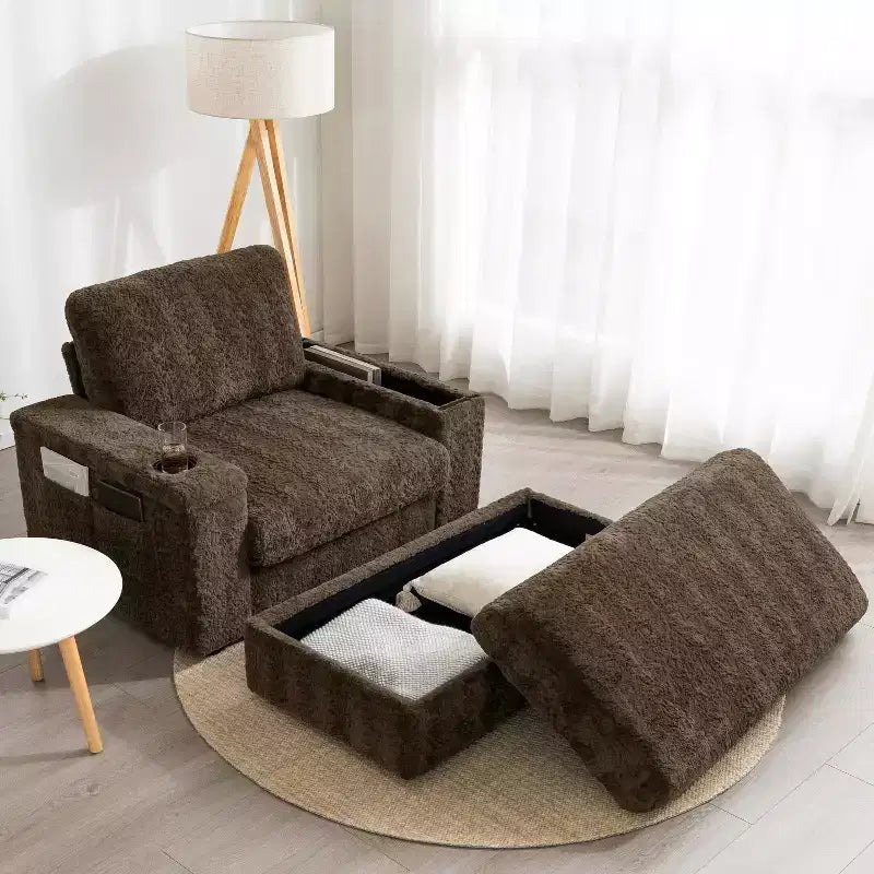 Indoor Oversized Chaise Lounge: Faux Rabbit Fur Sofa Bed with Storage, Armrests, Cup Holders - Perfect Reading Couch for Living Room or Bedroom