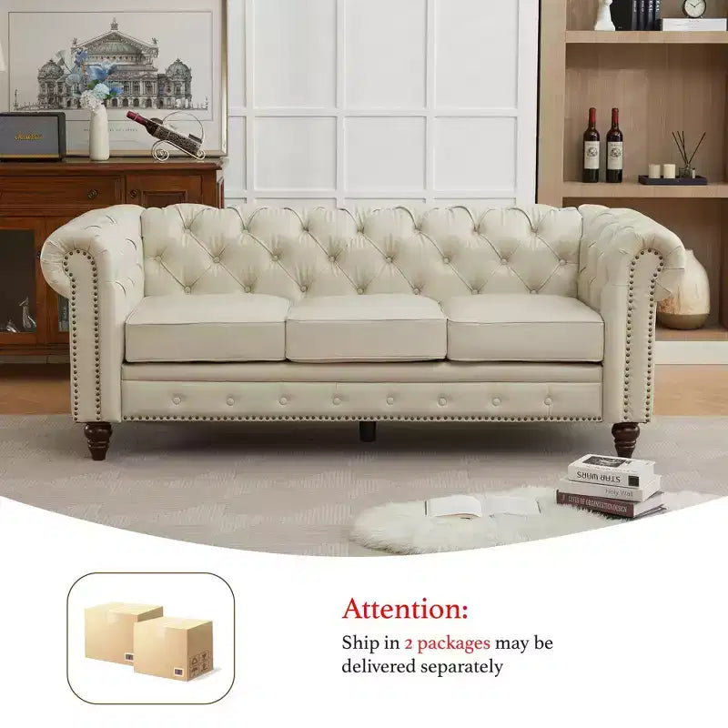 HYLEORY 84 Canapés Chesterfield en cuir pour salon, canapé 3 places à accoudoirs roulés, grand canapé avec boutons profonds et clous pour bureau et appartement