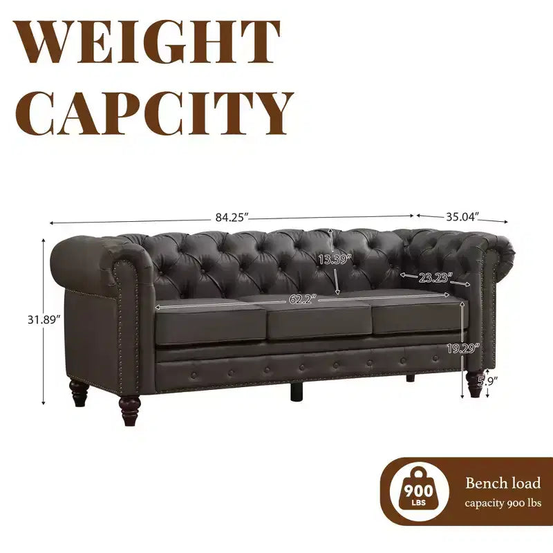 HYLEORY 84 Canapés Chesterfield en cuir pour salon, canapé 3 places à accoudoirs roulés, grand canapé avec boutons profonds et clous pour bureau et appartement