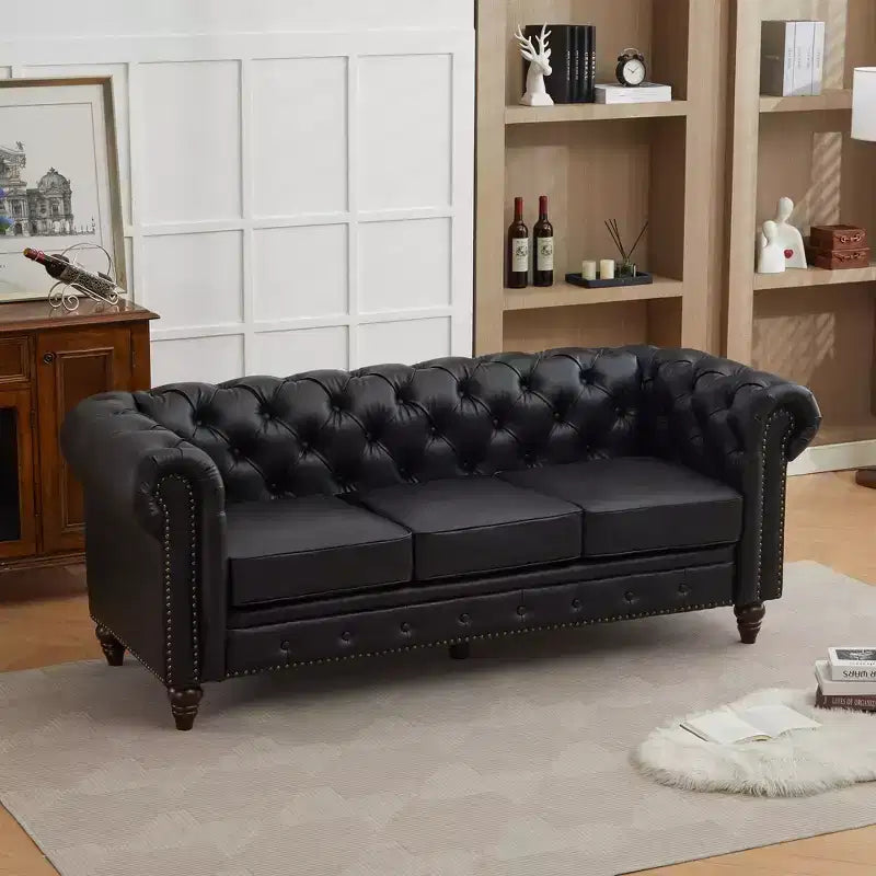 HYLEORY 84 Canapés Chesterfield en cuir pour salon, canapé 3 places à accoudoirs roulés, grand canapé avec boutons profonds et clous pour bureau et appartement
