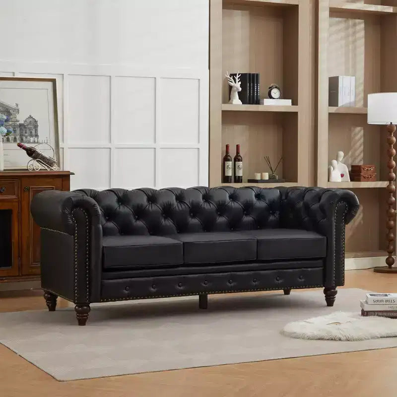 HYLEORY 84 Canapés Chesterfield en cuir pour salon, canapé 3 places à accoudoirs roulés, grand canapé avec boutons profonds et clous pour bureau et appartement