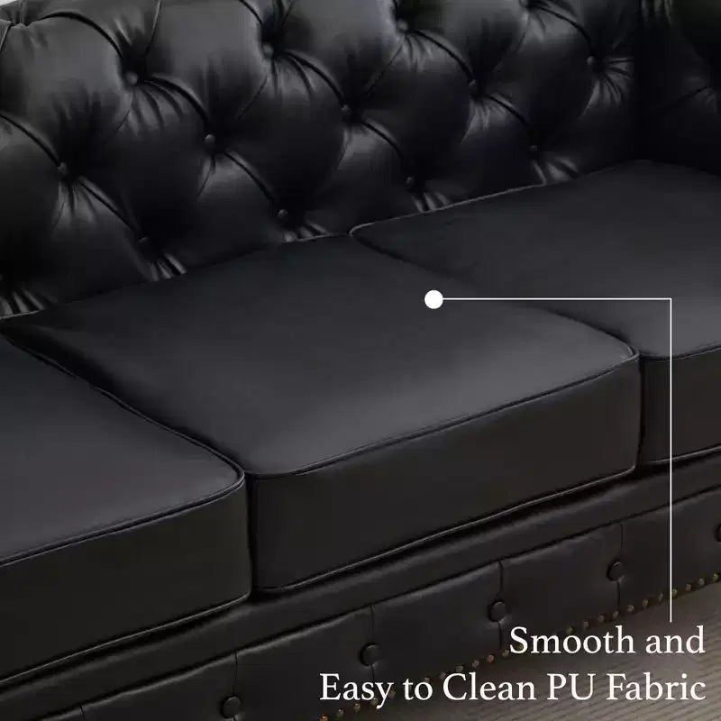 HYLEORY 84 Canapés Chesterfield en cuir pour salon, canapé 3 places à accoudoirs roulés, grand canapé avec boutons profonds et clous pour bureau et appartement