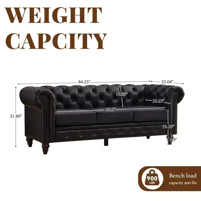 HYLEORY 84 Canapés Chesterfield en cuir pour salon, canapé 3 places à accoudoirs roulés, grand canapé avec boutons profonds et clous pour bureau et appartement