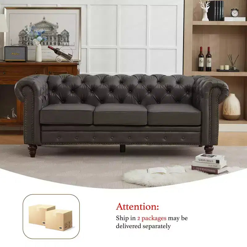 HYLEORY 84 Canapés Chesterfield en cuir pour salon, canapé 3 places à accoudoirs roulés, grand canapé avec boutons profonds et clous pour bureau et appartement